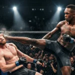 Israel Adesanya throws a high kick during a UFC bout