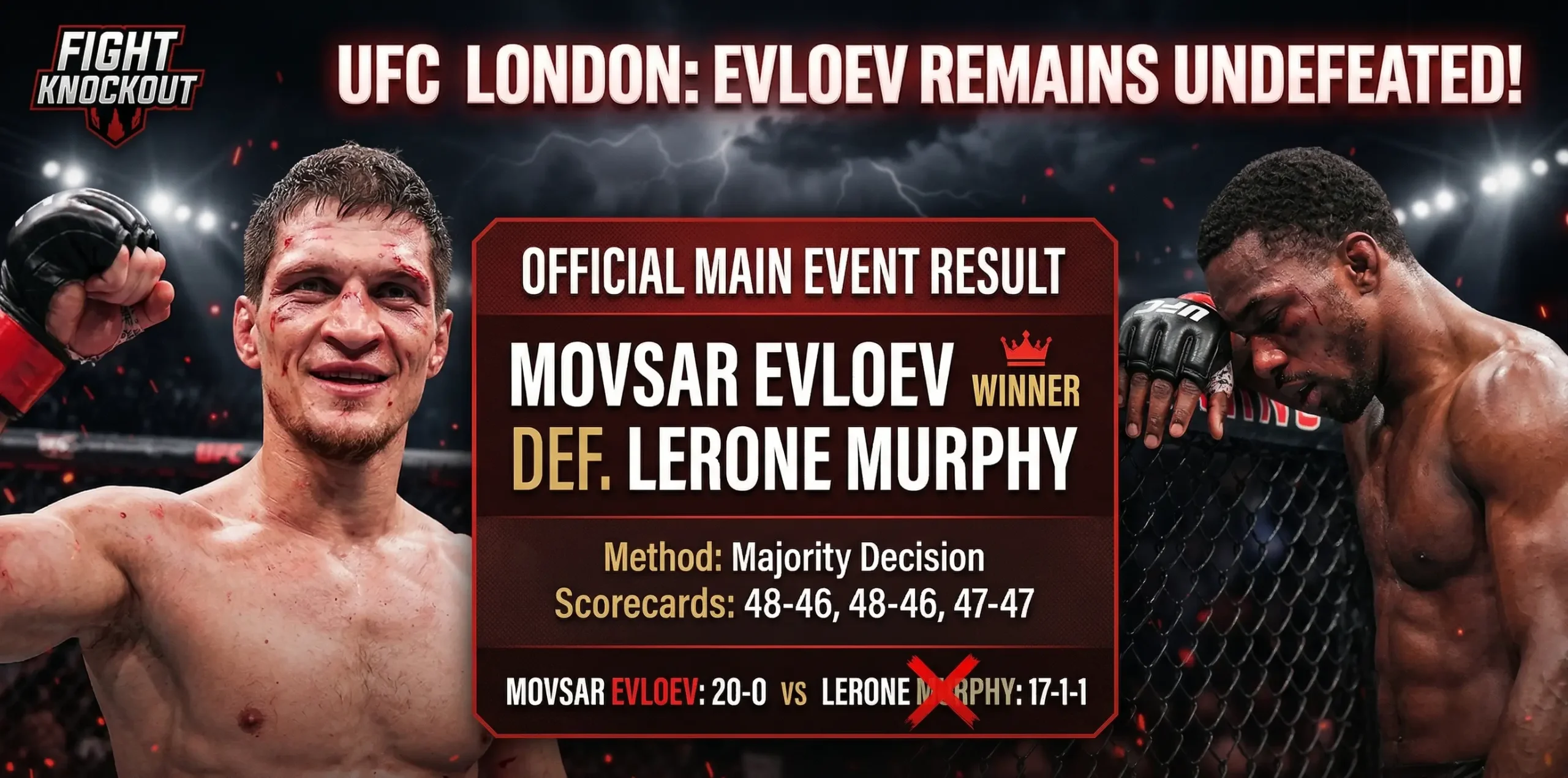 UFC London Results: Movsar Evloev vs Lerone Murphy official scorecard and winner graphic.