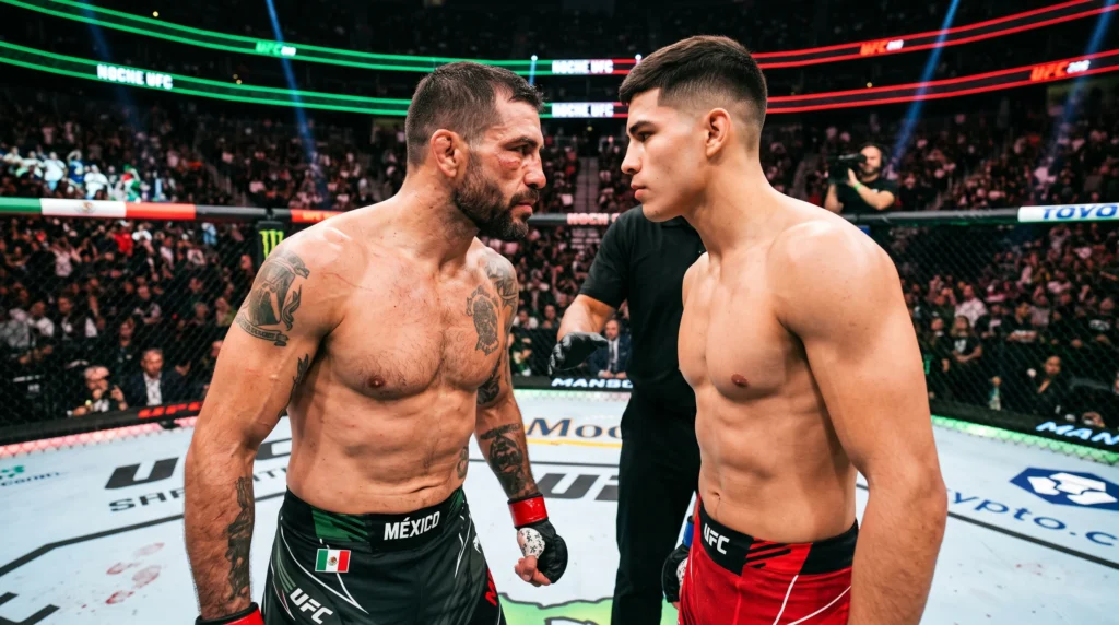 Brandon Moreno and Joseph Morales face off in the octagon during Noche UFC, illuminated with Mexican colors
